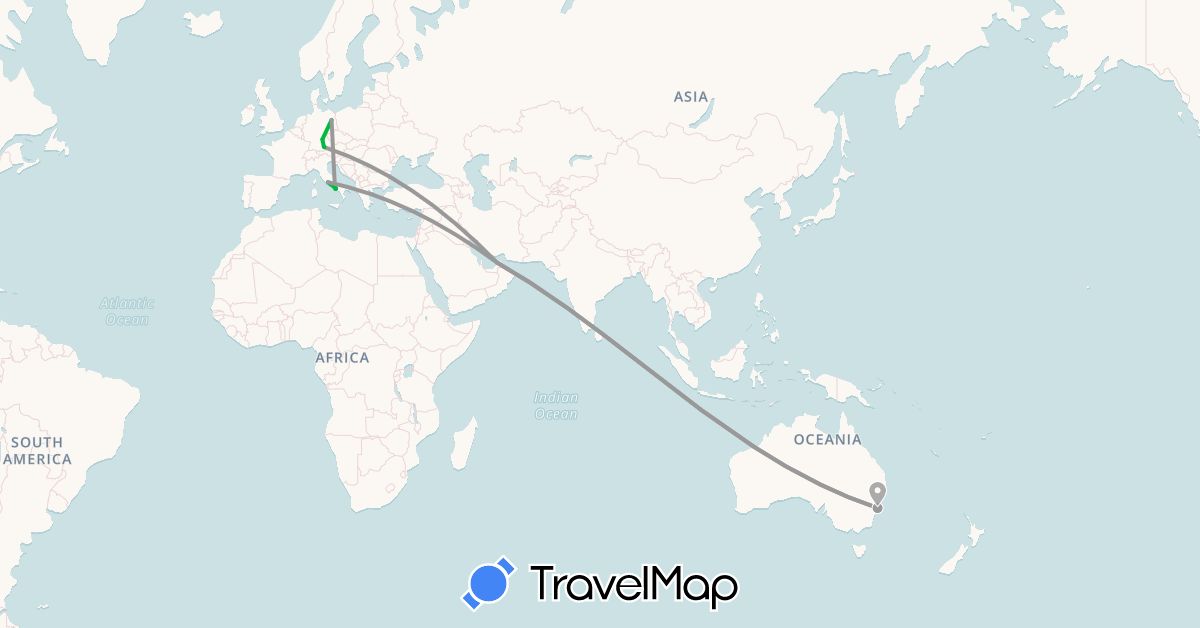 TravelMap itinerary: driving, bus, plane in United Arab Emirates, Australia, Germany, Italy (Asia, Europe, Oceania)